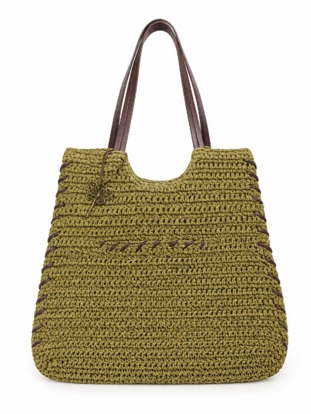 Sun N’ Sand Natural Woven Tote Bag Olive Green Brown Butterfly Bag Charm Beach